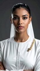 Serious Young Woman in White Attire with Gold Brooch.