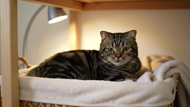 A serene tabby cat resting comfortably in a cozy woven basket under a warm lamp in a peaceful home environment video