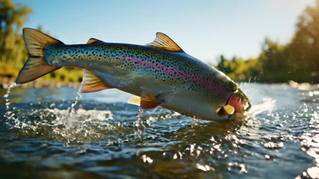 A vibrant rainbow trout leaps from water, creating a splash against a blurred natural background