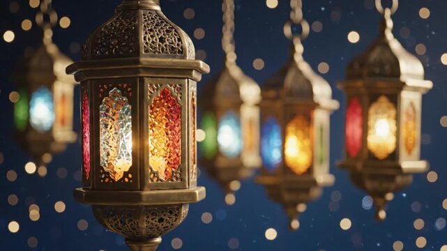 Beautifully ornate traditional arabesque lanterns with stained glass illuminated brightly against a deep blue background full of bokeh lights.