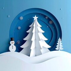 Winter Wonderland Paper Art with Snowman and Christmas Trees.