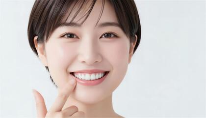 綺麗な白い歯を指差して微笑むショートヘアの日本人女性