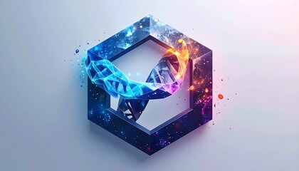 A stylized DNA helix twists within a geometric frame, filled with cosmic colors and nebulous textures. The design conveys scientific and artistic fusion