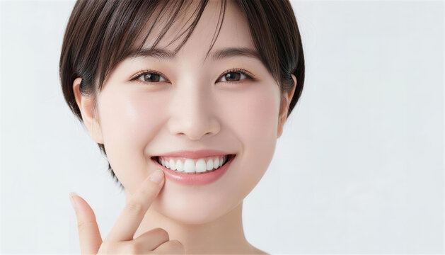 綺麗な白い歯を指差して微笑むショートヘアの日本人女性