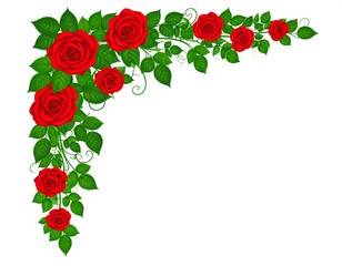 A stylized floral corner design featuring vibrant red roses and lush green leaves against a pristine white background