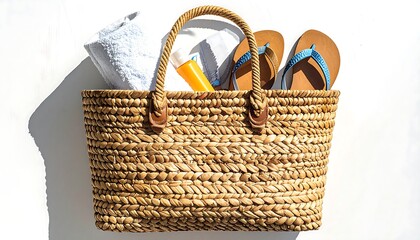 A straw tote bag, filled with beach essentials like sunscreen, a folded towel, and sandals, resting on a white surface
