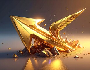 A stylized golden arrow bursts forth, its form dynamic & futuristic, resting on geometric rubble with a luminous glow