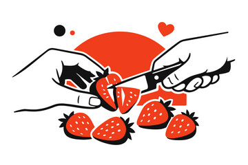 Hands slicing fresh strawberries against a bold red circle background