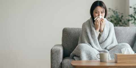 Home woman winter disease health with korean season unhealthy ache allergy asia autumn blanket blowing, Sick korean woman home winter wrapped blanket blowing nose from allergy or disease feeling