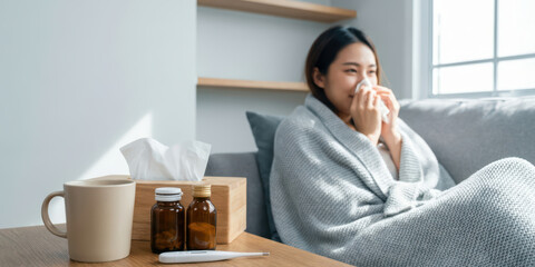 Home woman winter disease health with korean season unhealthy ache allergy asia autumn blanket blowing nose on sofa in bright living room