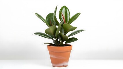Fototapeta premium Rubber plant in a terracotta pot with white accents on a white surface and white background Ficus elastica