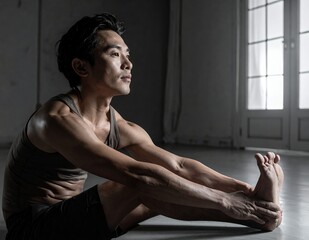 Naklejka premium Focused Asian man stretching in a yoga studio.