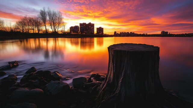 Tree stump in front of city skyline