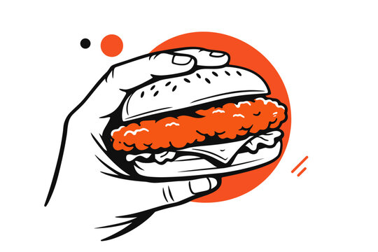 Hand holding tasty chicken burger with cheese in graphic art style
