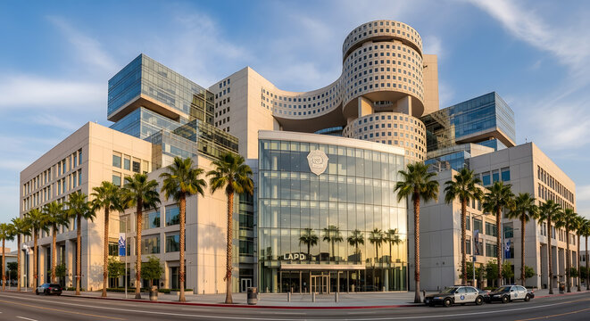 Modern architecture of a large police department building under a clear blue sky