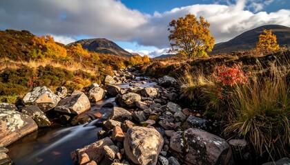 A stream flows through a valley on a sunny day. The scene features autumn foliage. Mountains rise in the background