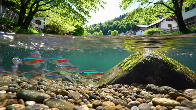 Underwater School of Neon Tetras Swimming in Clear Creek with Village Background