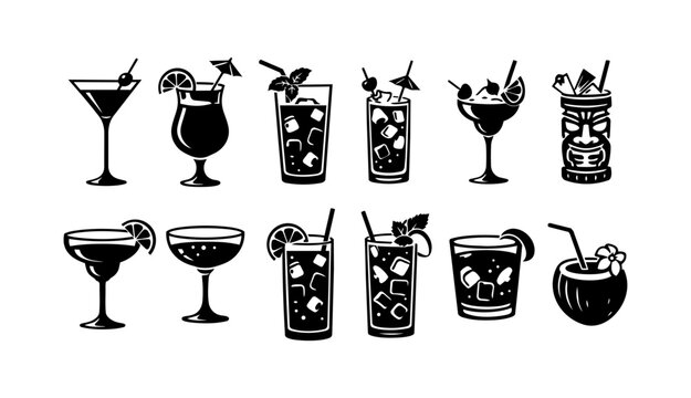 Cocktail Drink Silhouettes Set - Black Vector Bar and Party Beverage Icons