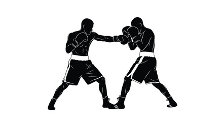 Obraz premium Black and white vector silhouette of two male boxers sparring in a ring, showing a powerful punch and 