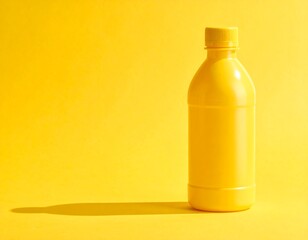 A solid yellow plastic bottle with a matching cap casts a shadow on a yellow backdrop. The simple setup highlights the object