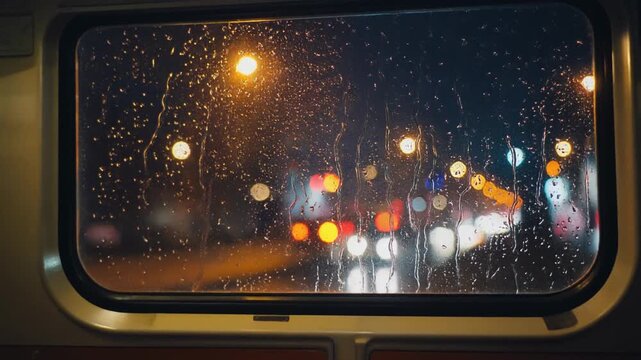 Closeup of raindrops sliding slowly down a train window while blurred city lights pass outside