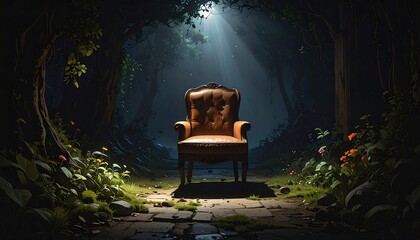 A solitary antique chair sits on a cobblestone path within a dark, mysterious forest. Sunlight beams down through the canopy