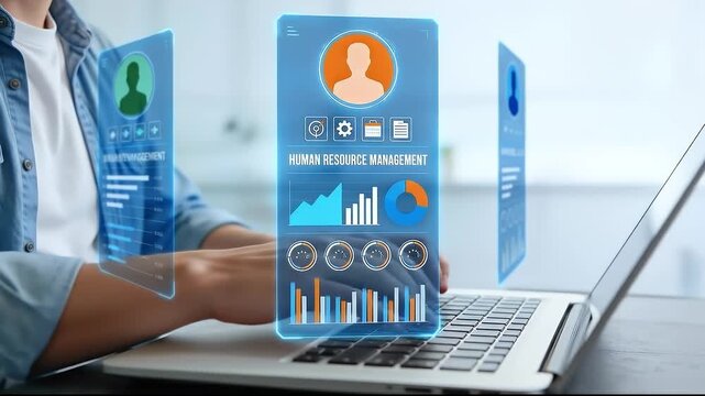 Digital HR system showing employee KPI data, team performance metrics and productivity dashboards used by organizations for workforce evaluation and human resource data driven decision making
