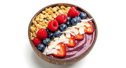 Healthy Berry Smoothie Bowl with Granola in Coconut Shell