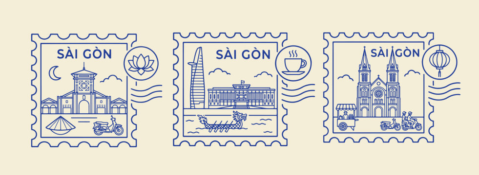 Set of illustrated postage stamps featuring famous Saigon Ho Chi Minh City landmarks