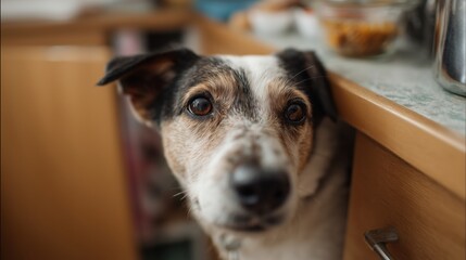 Cute hungry dog peeking from behind a kitchen counter waiting for food.