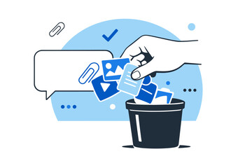 Hand disposing digital files into bin with speech bubble and checkmark