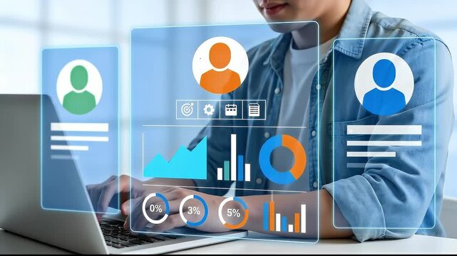 Digital HR system showing employee KPI data, team performance metrics and productivity dashboards used by organizations for workforce evaluation and human resource data driven decision making
