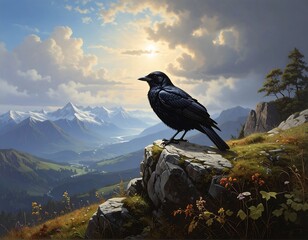 A solitary black bird perched on a rocky precipice, overlooking a vast mountainous landscape under a sunny, clouded sky
