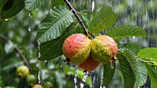 Close-up of rain falling on guava fruits and green leaves, creating a refreshing atmosphere