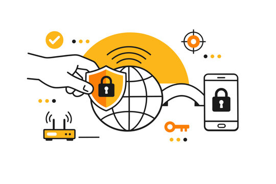 Cybersecurity concept with globe, lock, and mobile device security symbols