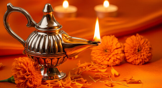 Sacred silver gada of lord hanuman adorned with marigold flowers and lit oil lamp for auspicious jayanti celebrations