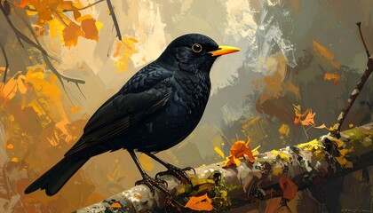 A solitary blackbird with yellow beak perches upon a branch surrounded by vibrant autumn foliage. The bird is facing right