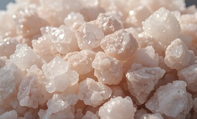 Extreme closeup reveals numerous large, irregularly shaped pinkish-white mineral chunks reflecting bright light against a shallow depth of field background.