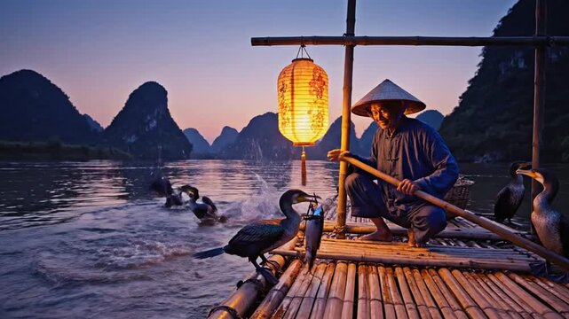 Traditional fisherman on bamboo raft with cormorants catches fish at sunset, Li River, China