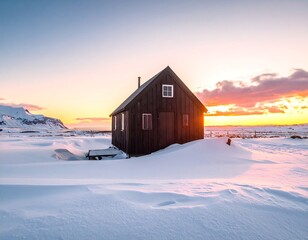 A solitary cabin, nestled amidst snowdrifts, silhouetted against a radiant sunset sky, mountains in the distance
