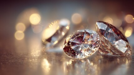 Sparkling diamonds catch warm light in a macro shot with soft reflections ideal for luxury wedding jewelry themes