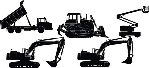 Heavy Construction Machinery Silhouette Set Featuring Excavators Bulldozer Dump Truck and Boom Lift Isolated on White Background for Engineering Industry Design © MdAbdul