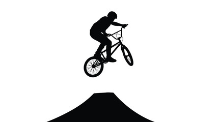 Obraz premium Silhouette of a bmx freestyle rider performing an impressive jump trick off a ramp against a stark white background