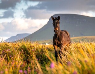 A solitary dark horse gazes forward, framed by tall, golden grasses and vibrant purple wildflowers against a backdrop of a mountain