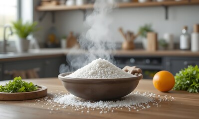 Steaming mound of white cooked rice is presented in a rustic brown bowl on a wooden kitchen counter surrounded by fresh ingredients and herbs.