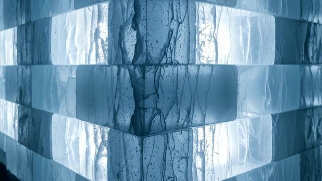Abstract cool blue ice blocks stacked in geometric pattern with light reflections.