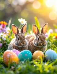 Two adorable Easter bunnies in a vibrant spring meadow with colorful eggs.