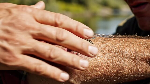 Mosquito biting human arm, close-up of insect feeding on skin, itchy red bump