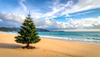 A solitary evergreen tree, decorated with red orbs, stands on a sandy beach. Turquoise water meets a partly cloudy sky