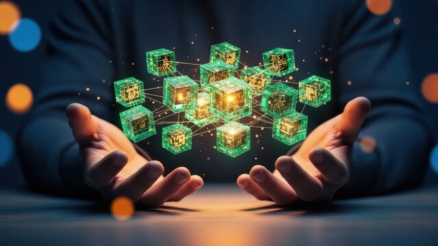 Hands holding glowing green digital cubes with intricate designs in a network pattern on a dark surface with ambient lighting from above